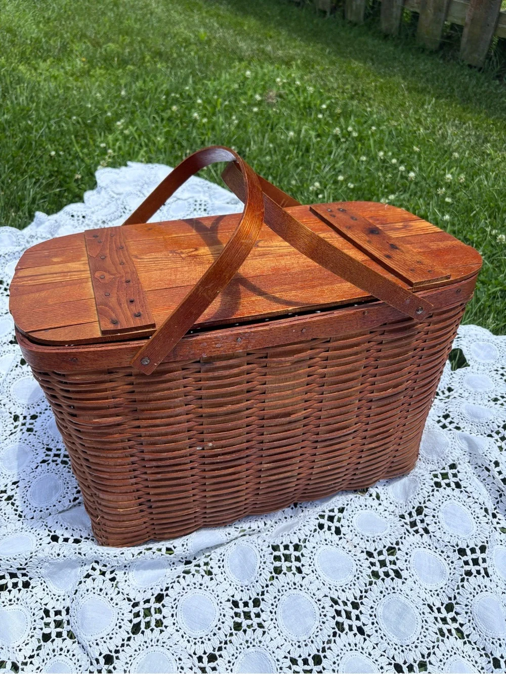 Woven Wood Picnic Basket with Double Lid and Handles - Brown